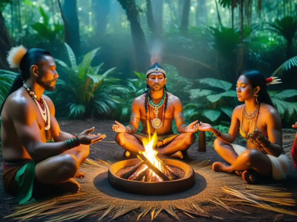 Rituales indígenas para sanación: un chamán guía una ceremonia en la selva, iluminada por el fuego sagrado