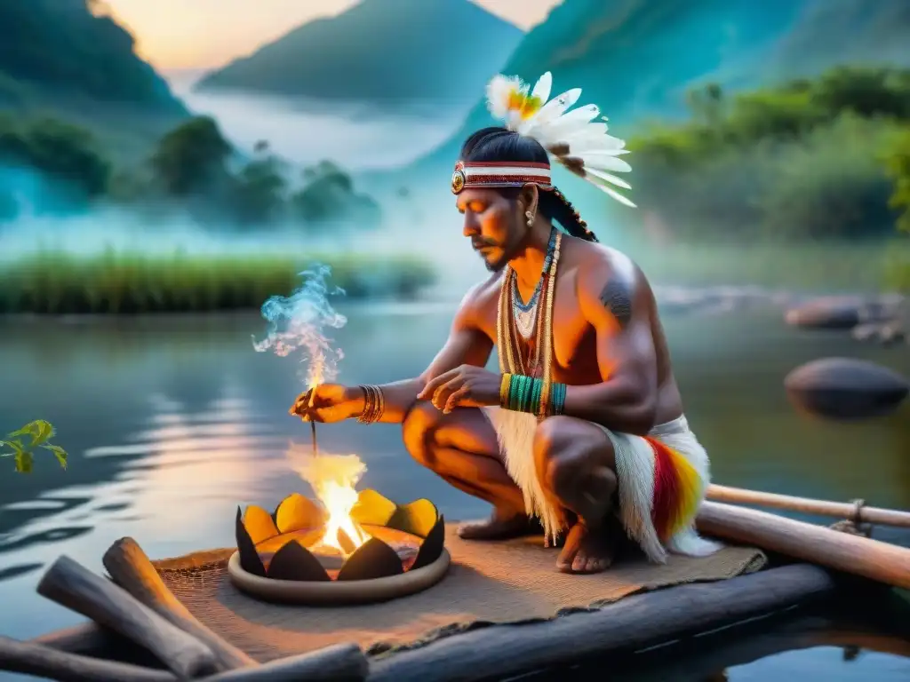 Ritual de purificación chamánica en el río al atardecer Rituales de purificación indígenas: Un chamán realiza un ritual junto al río al atardecer