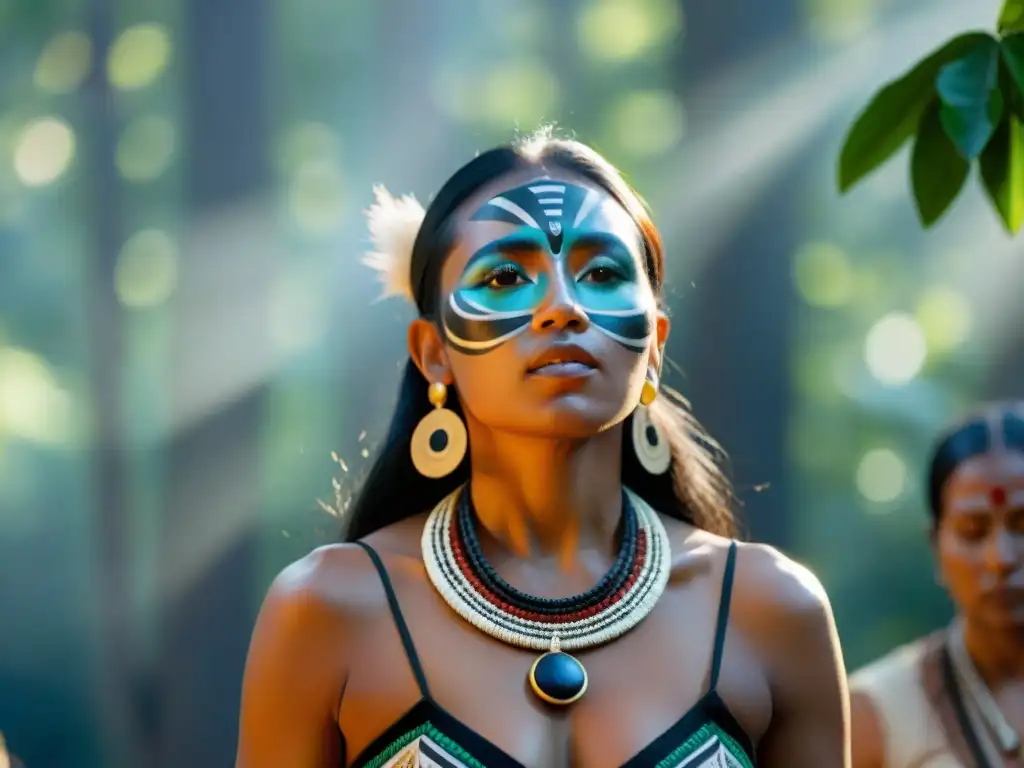 Representación de rituales indígenas en el cine: mujer indígena en traje ceremonial, pintura facial, danza sagrada en la selva