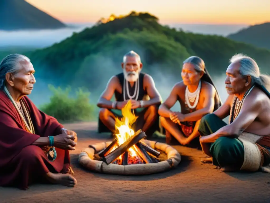 Representación de rituales indígenas en cine: Ancianos sabios en círculo ceremonial alrededor del fuego en la selva