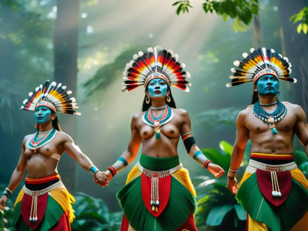 Rituales indígenas: danza y música en la selva, con vibrantes atuendos y movimientos llenos de orgullo cultural