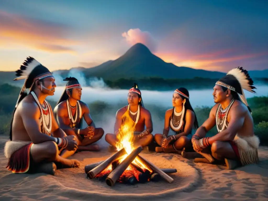 Rituales indígenas en América: Grupo ceremonial alrededor de fogata nocturna bajo cielo estrellado