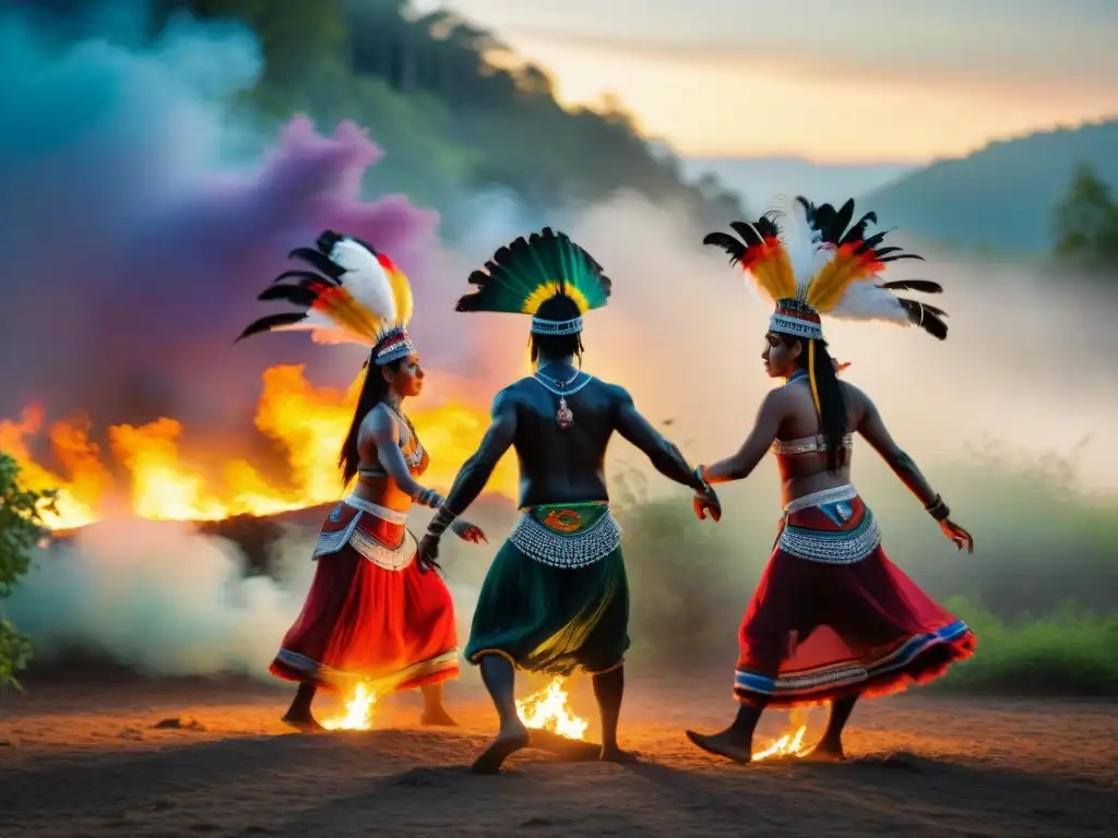 Rituales gastronomía festivales indígenas: Grupo étnico danza alrededor de fogata en bosque al atardecer