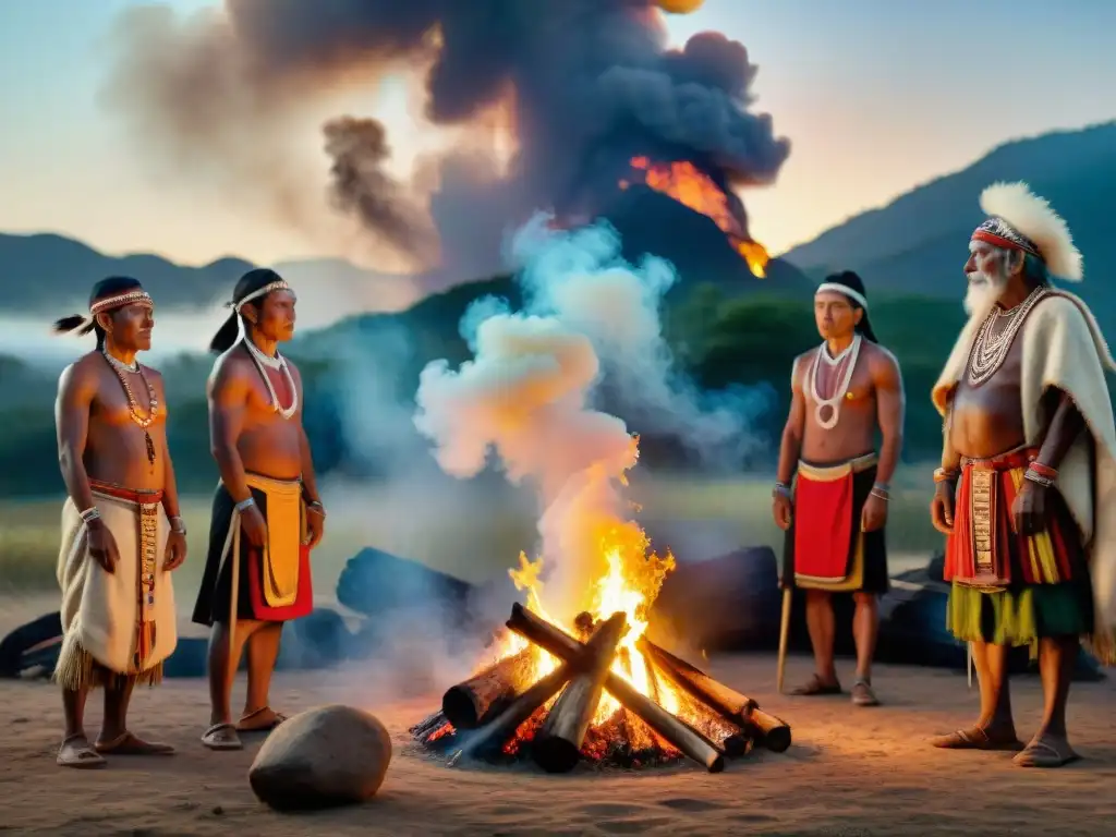 Rituales indígenas en la realidad virtual: ancianos sabios alrededor de una fogata bajo un cielo estrellado en una aldea remota