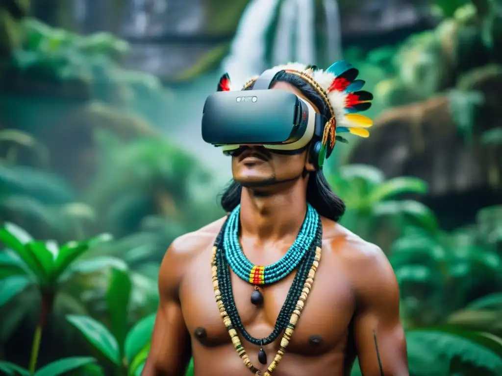 Rituales indígenas realidad virtual en la selva con ruinas antiguas y un indígena usando auriculares