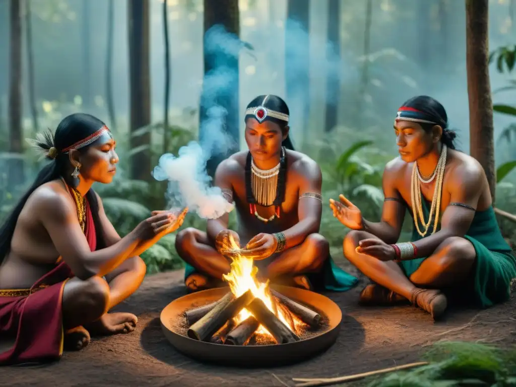 Rituales indígenas para sanación en un bosque con curanderos, vestimenta colorida y humo de hierbas aromáticas