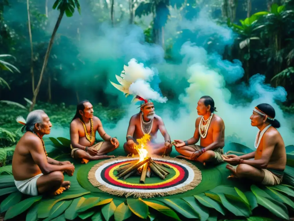 Rituales indígenas con tabaco sagrado: Ancianos amazónicos en círculo, vestidos con plumas y cuentas, en ceremonia con hojas de tabaco