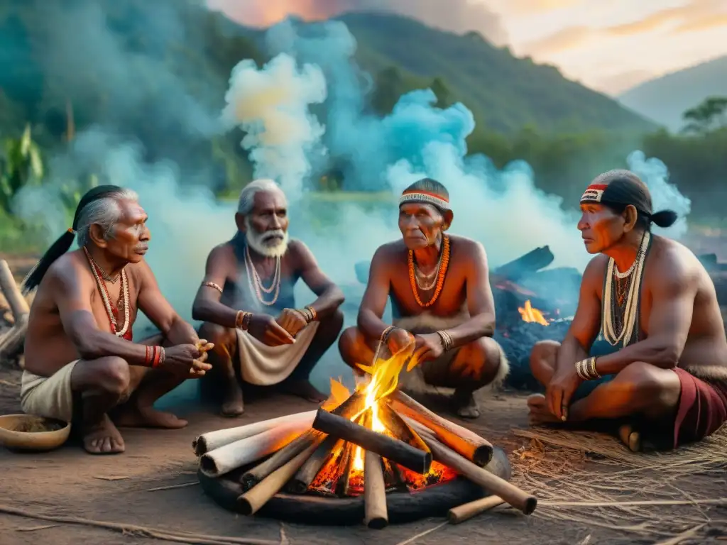 Rituales indígenas con tabaco sagrado: ancianos en ceremonia alrededor del fuego