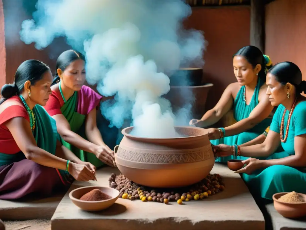 Rituales del pox en América: Mujeres mayas en trajes tradicionales preparan cacao para la ceremonia, entre colores vibrantes