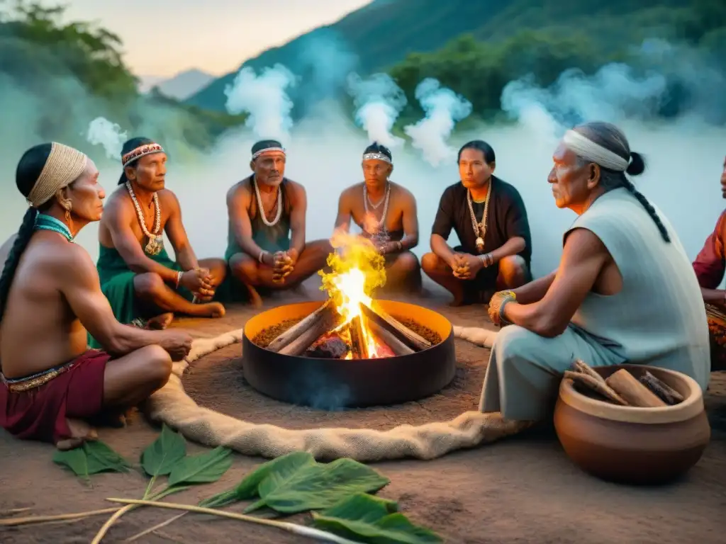 Rituales de oración con tabaco: Ancianos indígenas en ceremonia sagrada alrededor del fuego