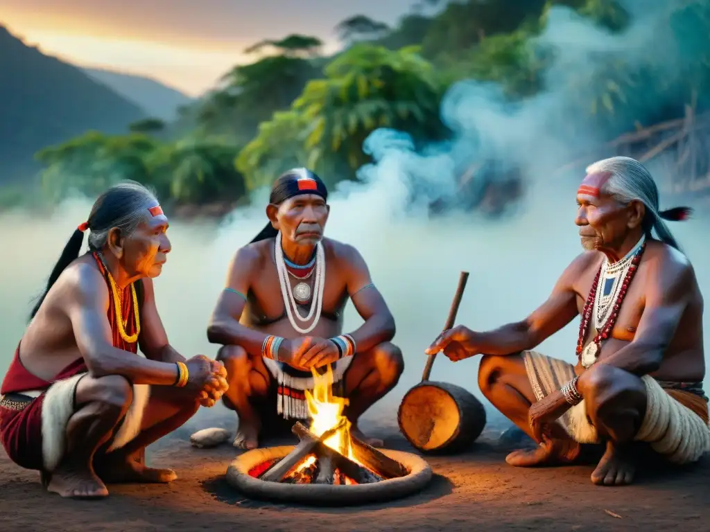 Rituales de paso en culturas indígenas: Ancianos adornados en atuendos tradicionales alrededor de una fogata al anochecer, transmitiendo sabiduría y experiencia