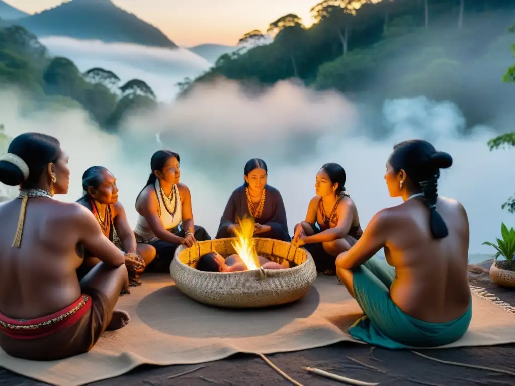 Rituales de paso en culturas indígenas: Celebración de un nacimiento sagrado al amanecer en la selva ancestral