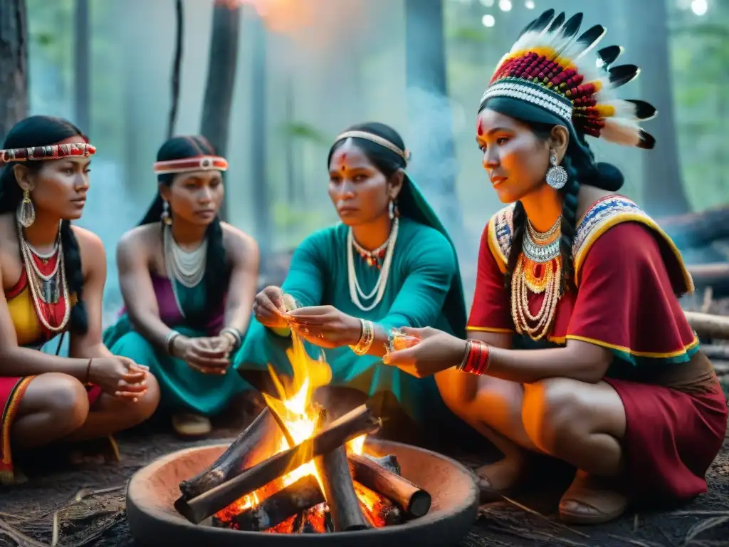 Rituales de paso mujeres indígenas compartiendo ceremonia alrededor del fuego en la selva