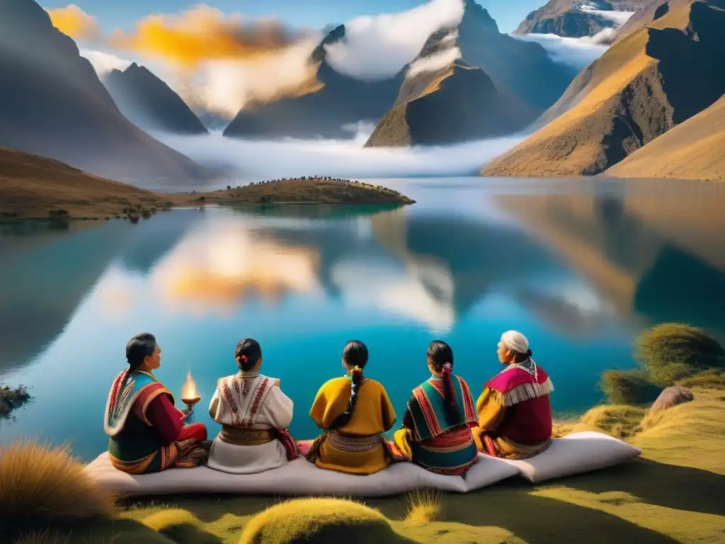 Rituales de sanación con agua: Sanadores Andinos realizan ceremonia de curación con agua en lago de montaña al atardecer