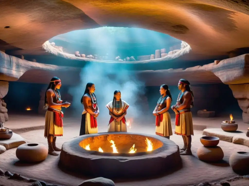 Rituales subterráneos Kiva Estados Unidos: Ceremonia sagrada de nativos americanos en un Kiva iluminado tenue, místico y reverente