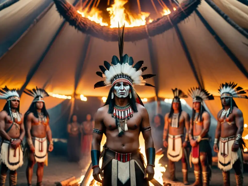 Rituales de tribus nativas americanas: Guerreros listos para el ritual en la oscuridad de la tienda ceremonial junto al fuego