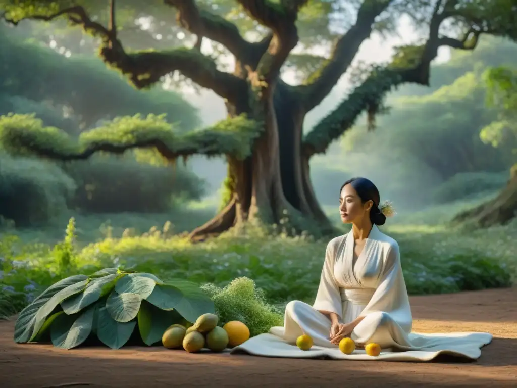 Figura en meditación rodeada de ofrendas en un bosque místico