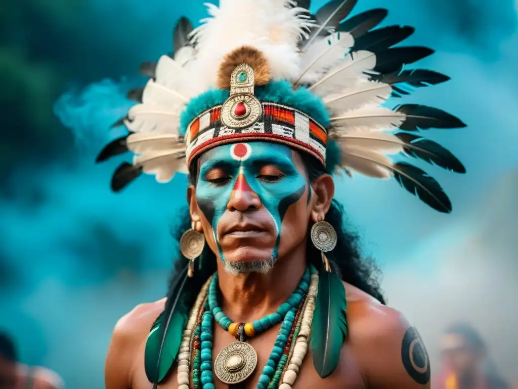 Rostro pintado de chamán maya en ritual con humo de copal y objetos ceremoniales, reflejando la esencia espiritual de rituales indígenas música danza