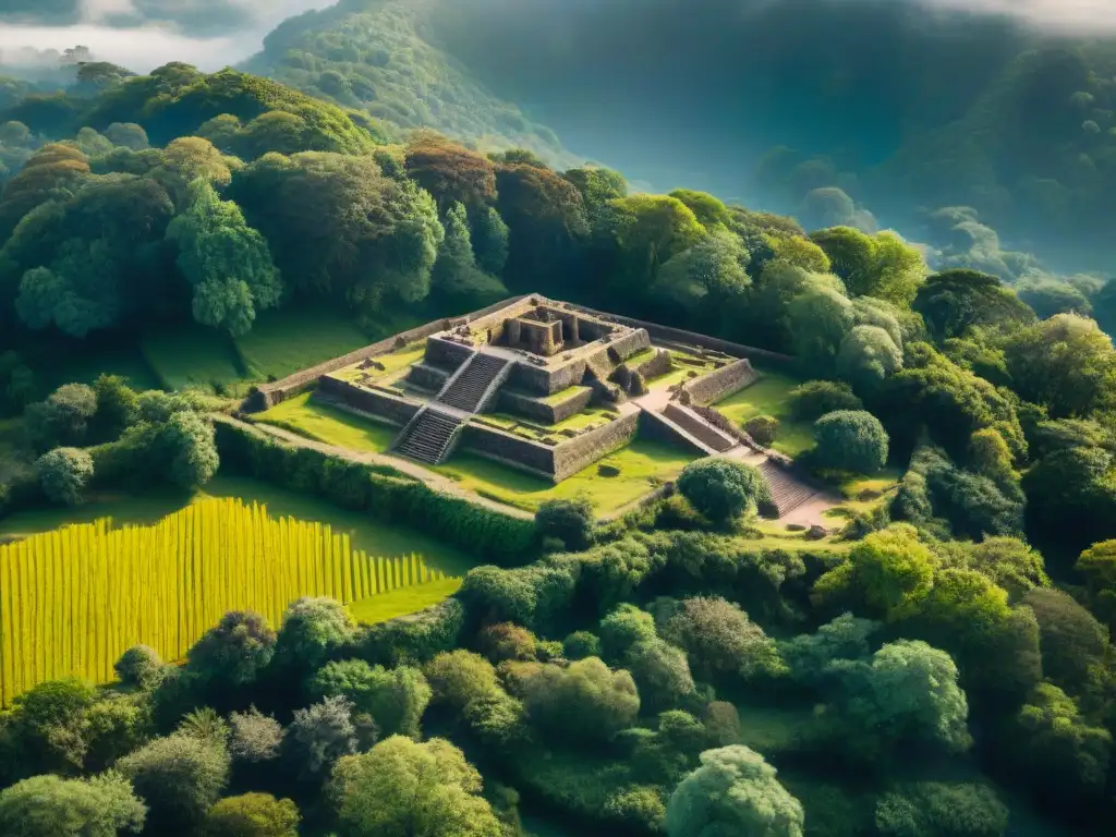 Descubre ruinas antiguas en un paisaje verde capturadas por un dron para exploración cultural indígena