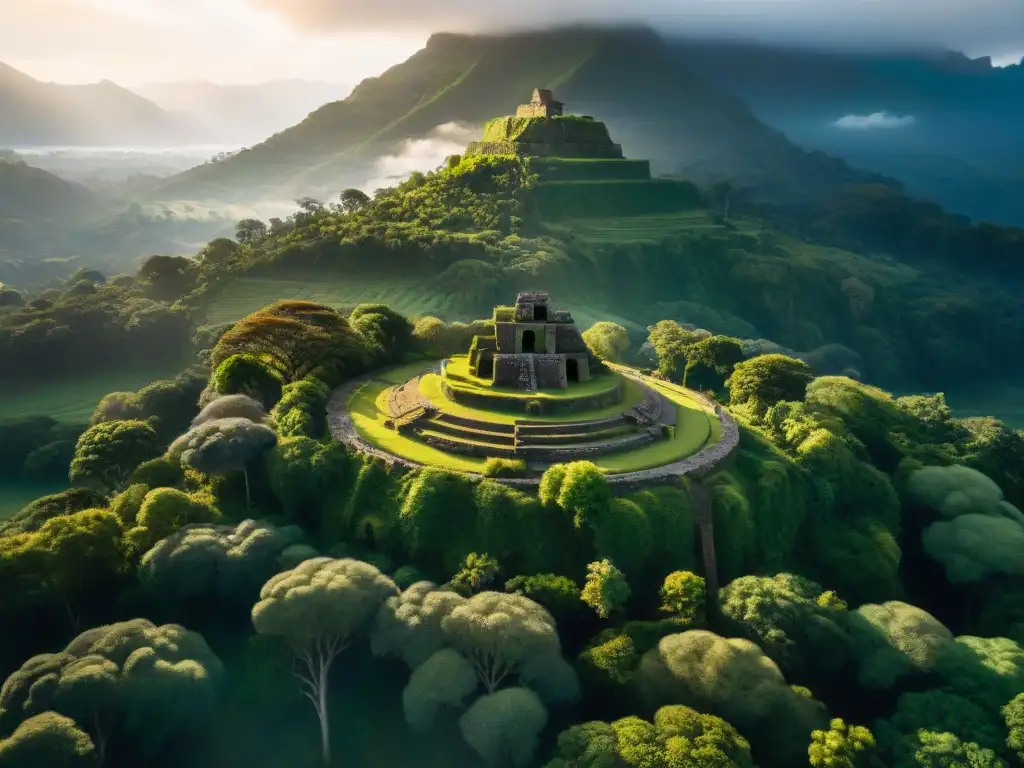 Explora ruinas indígenas en paisaje verde capturadas por drones para exploración cultural indígena