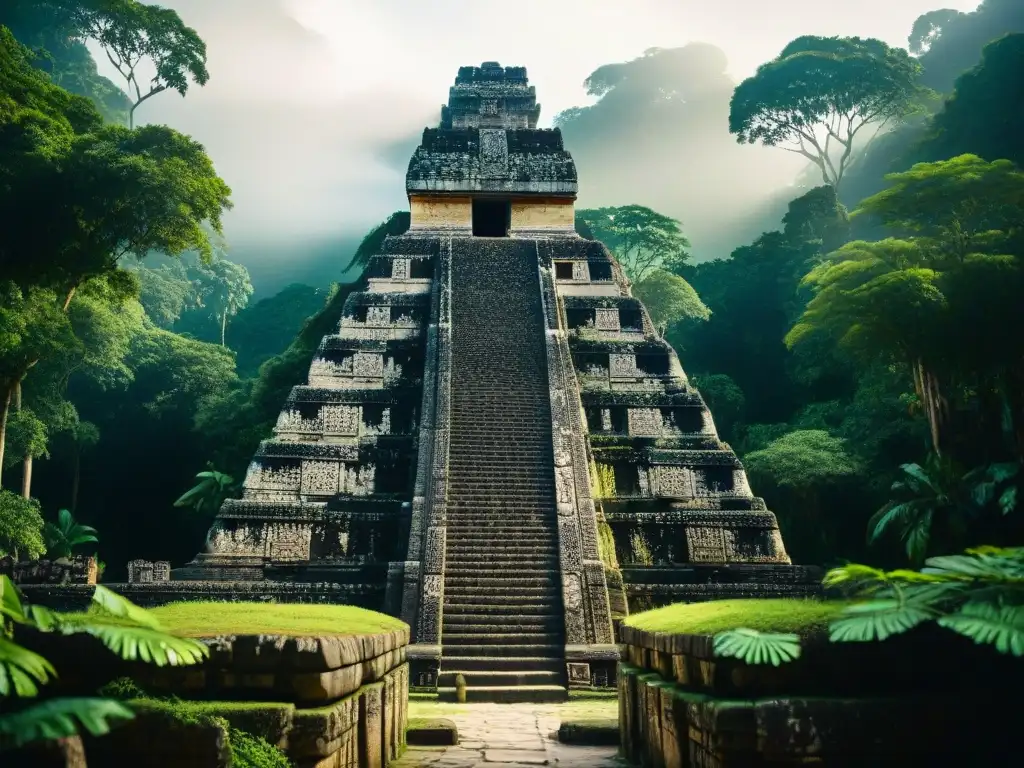 Ruinas mayas en la selva con jeroglíficos y esculturas en piedra, creando una atmósfera mística