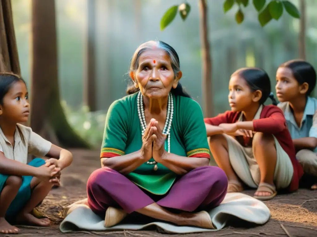 Abuela indígena narra cuentos mágicos a niños en la selva Sabia anciana indígena cuenta historias a niños en el bosque, creando vínculos culturales y transmitiendo sabiduría ancestral