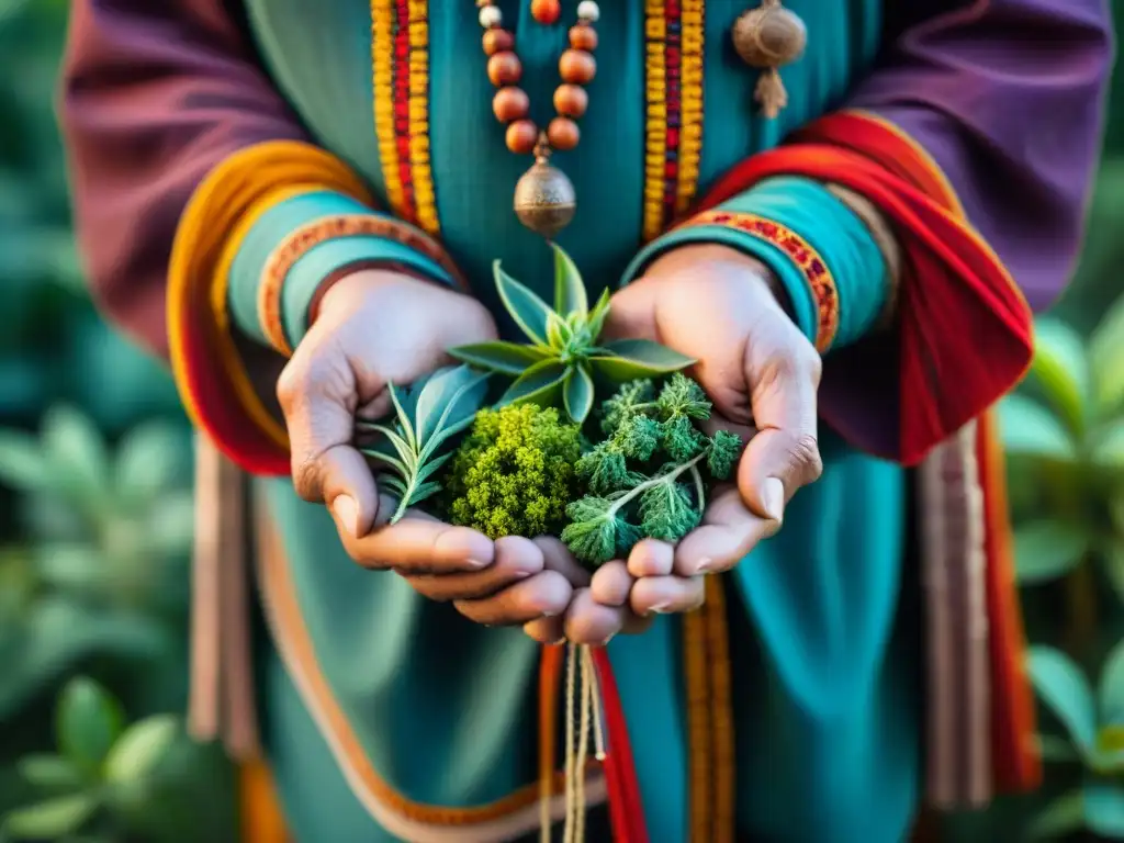 Las sabias manos de un curandero indígena sostienen hierbas medicinales, conectando con la naturaleza