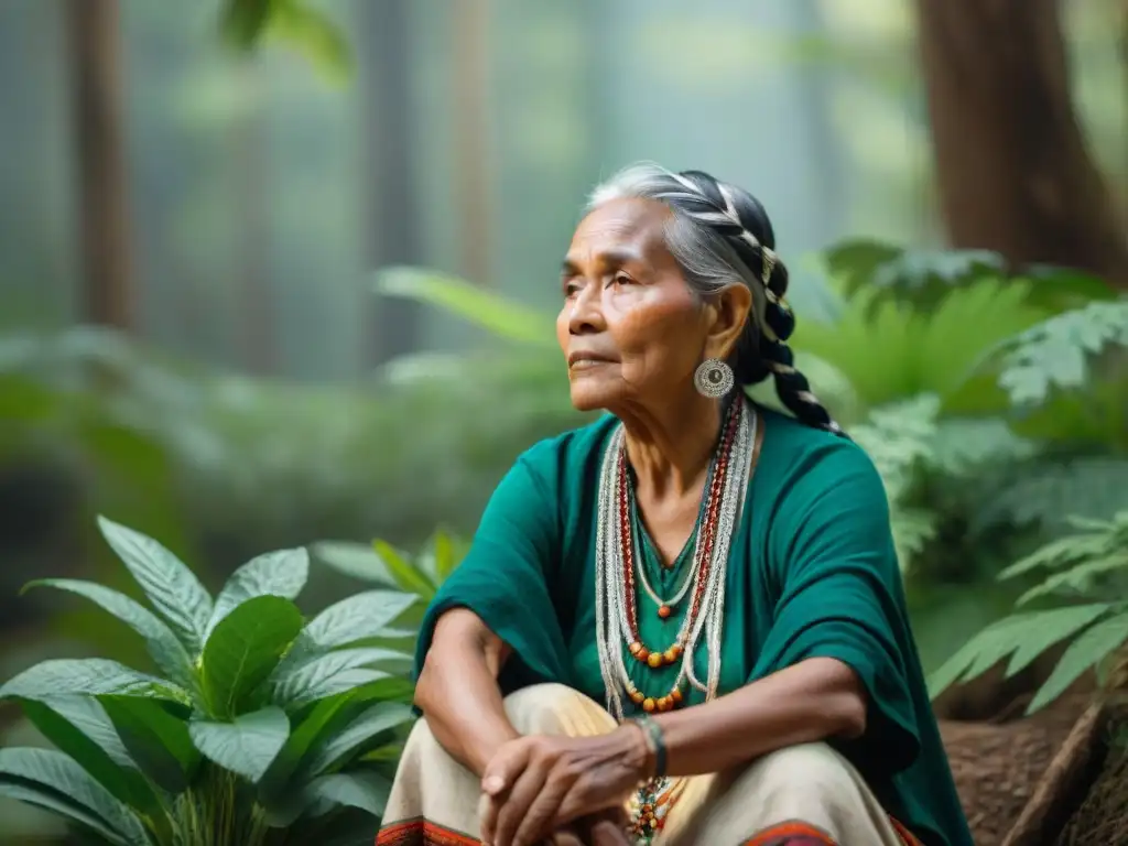 La sabiduría ancestral de una mujer indígena con trenzas plateadas, viste trajes tradicionales en un claro del bosque, creando remedios naturales