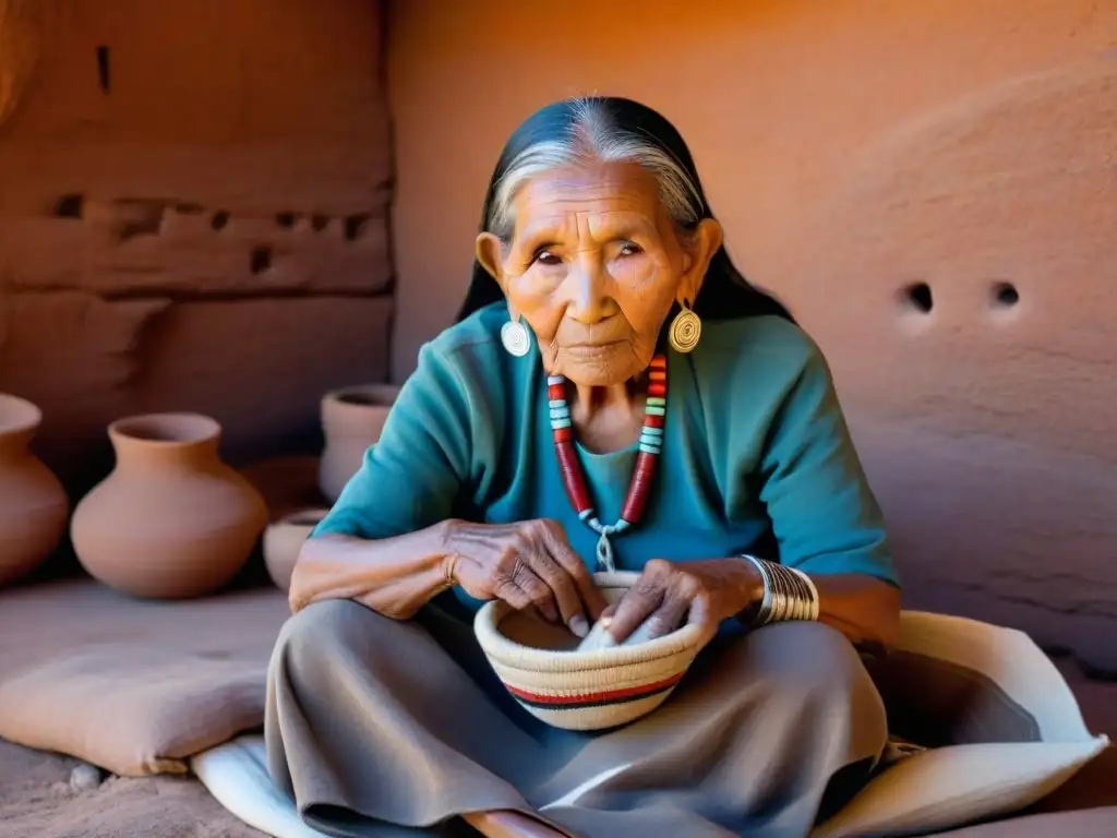 La sabiduría de una anciana Hopi tejiendo tradiciones en cálida morada adobe