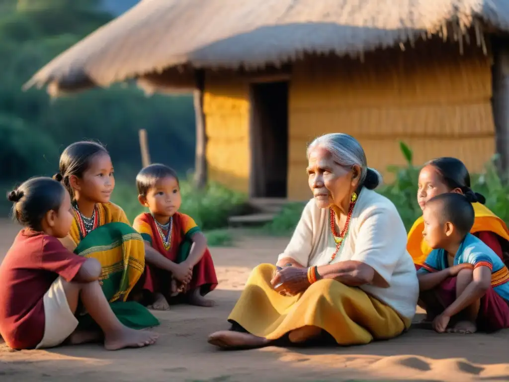 La sabiduría de una mujer indígena se transmite a niños en una aldea al atardecer, resaltando la importancia de idiomas indígenas