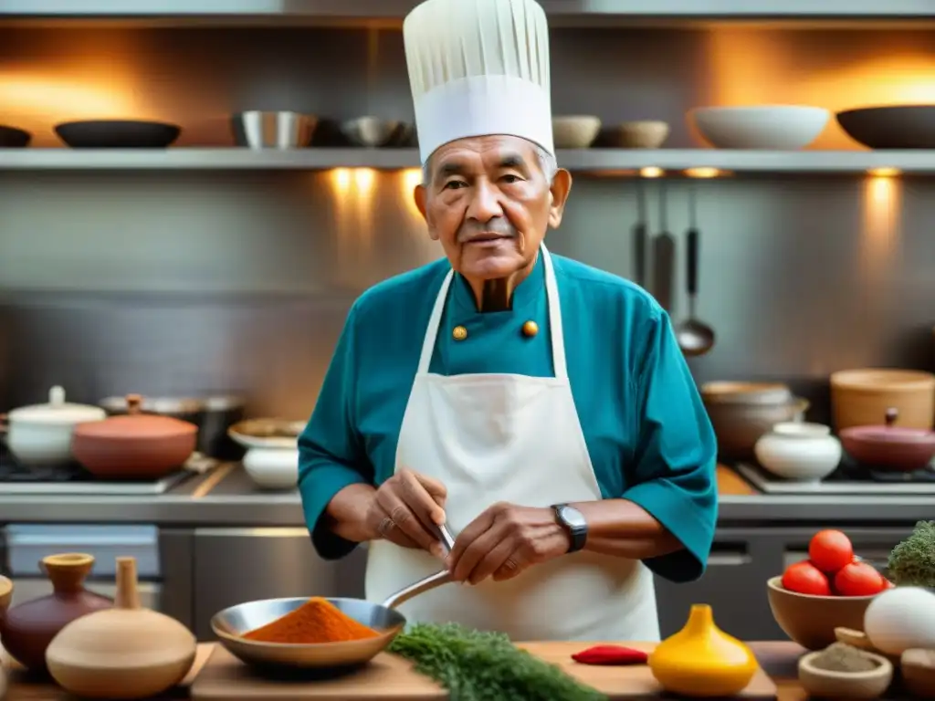 Un sabio anciano indígena enseña a jóvenes chefs en una cocina moderna, preservando la cultura a través de la cocina