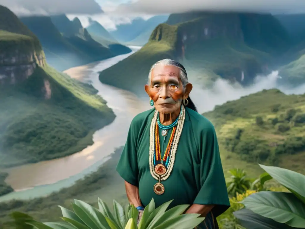 Un sabio anciano indígena en la montaña, reflejando principios espirituales indígenas y respeto por la ecología