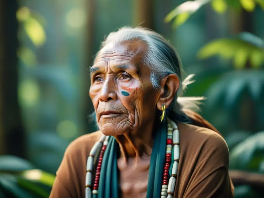 Un sabio anciano indígena en la selva, en armonía con la naturaleza