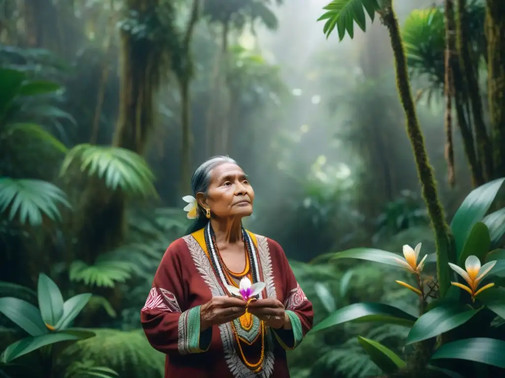 Un sabio anciano indígena en la selva, conectado con la biodiversidad