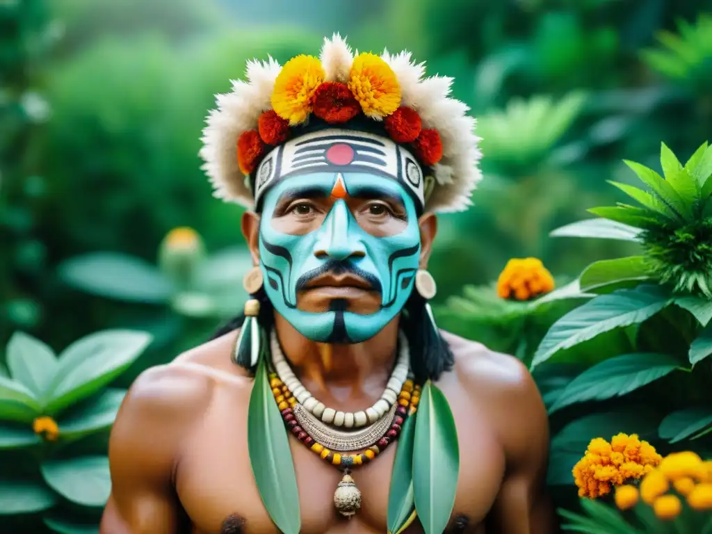 Un sabio Azteca recolectando plantas medicinales indígenas en un exuberante jardín botánico