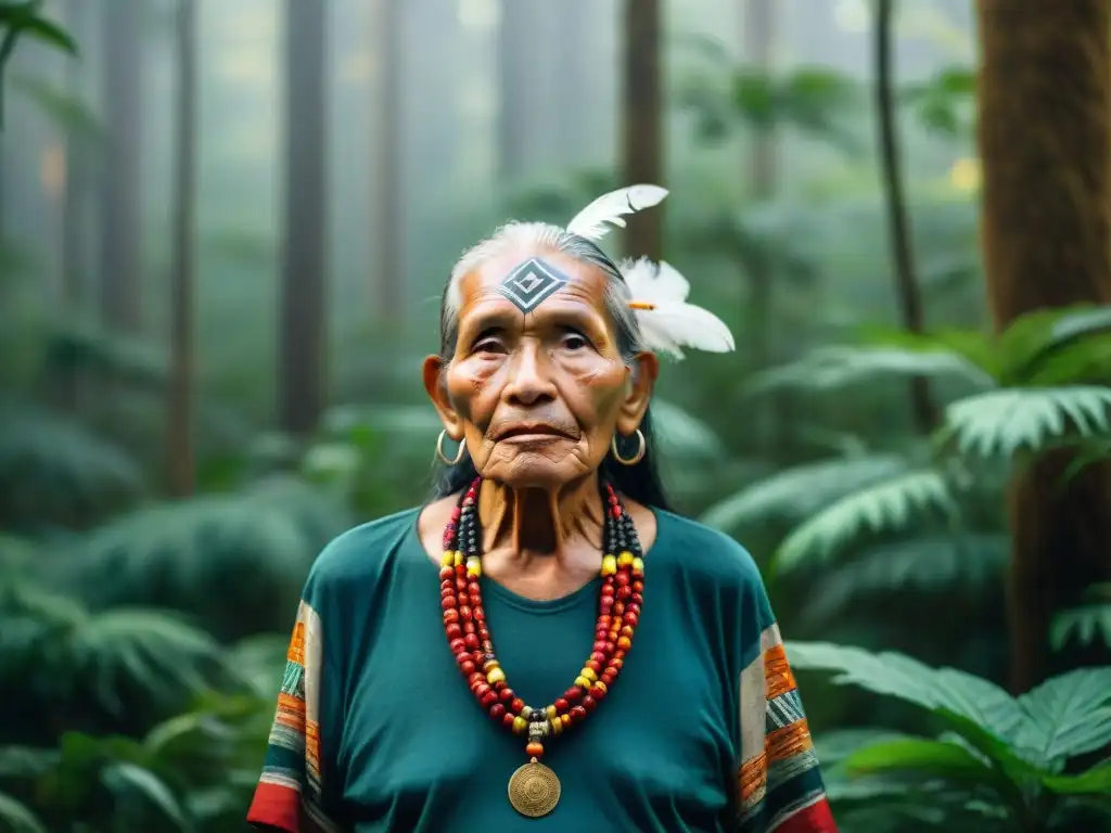 Indígena sabio en bosque biodiverso, reflejando desarrollo sostenible culturas indígenas