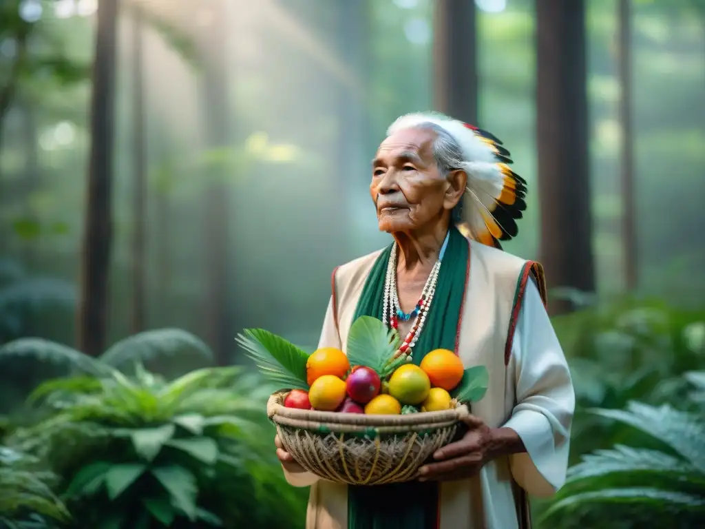 Indígena sabio en ceremonia de agradecimiento entre la exuberante naturaleza