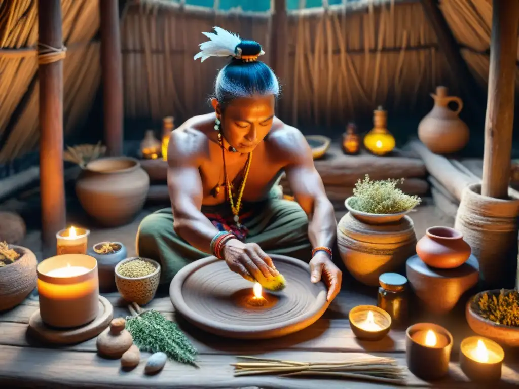 Un sabio chamán preparando un remedio herbal en su cabaña, reflejando la armonía entre la medicina moderna y tradicional