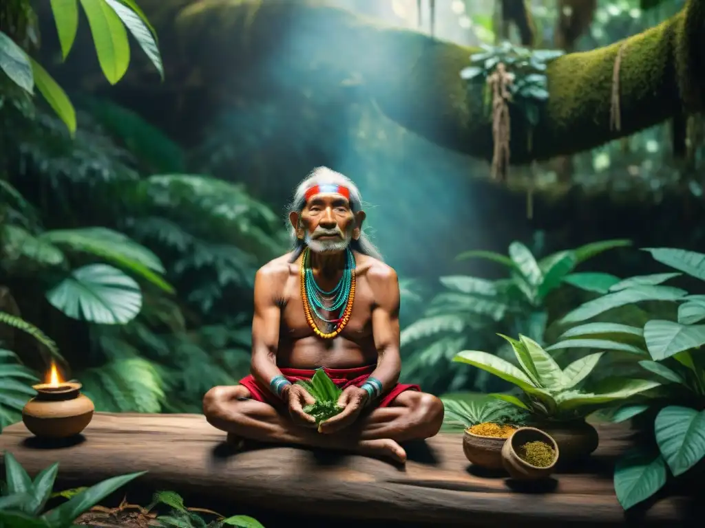 Sabio indígena elige hierbas en la selva: conexión espiritual con la naturaleza