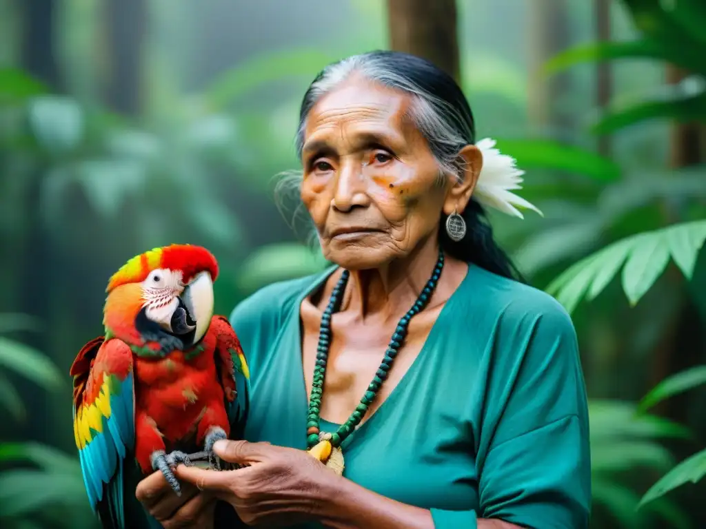 Un sabio indígena libera a una guacamaya en la naturaleza, en armonía con la gestión sostenible de la fauna