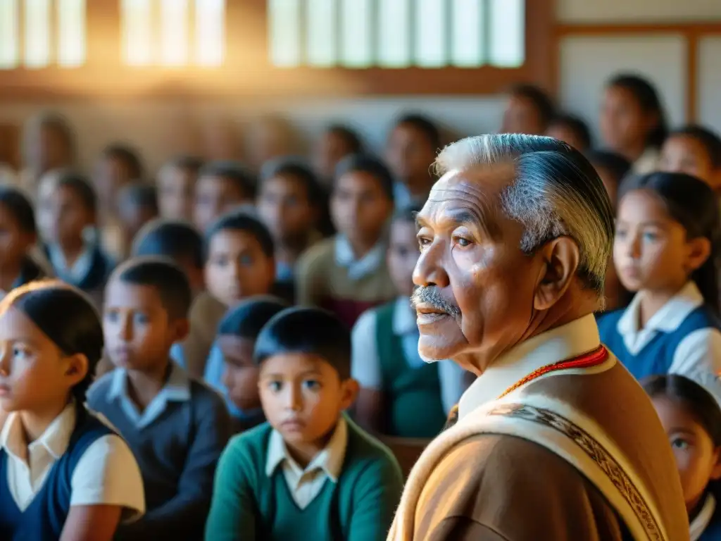 Un sabio indígena comparte su sabiduría con niños de distintas culturas en un aula decorada con arte indígena