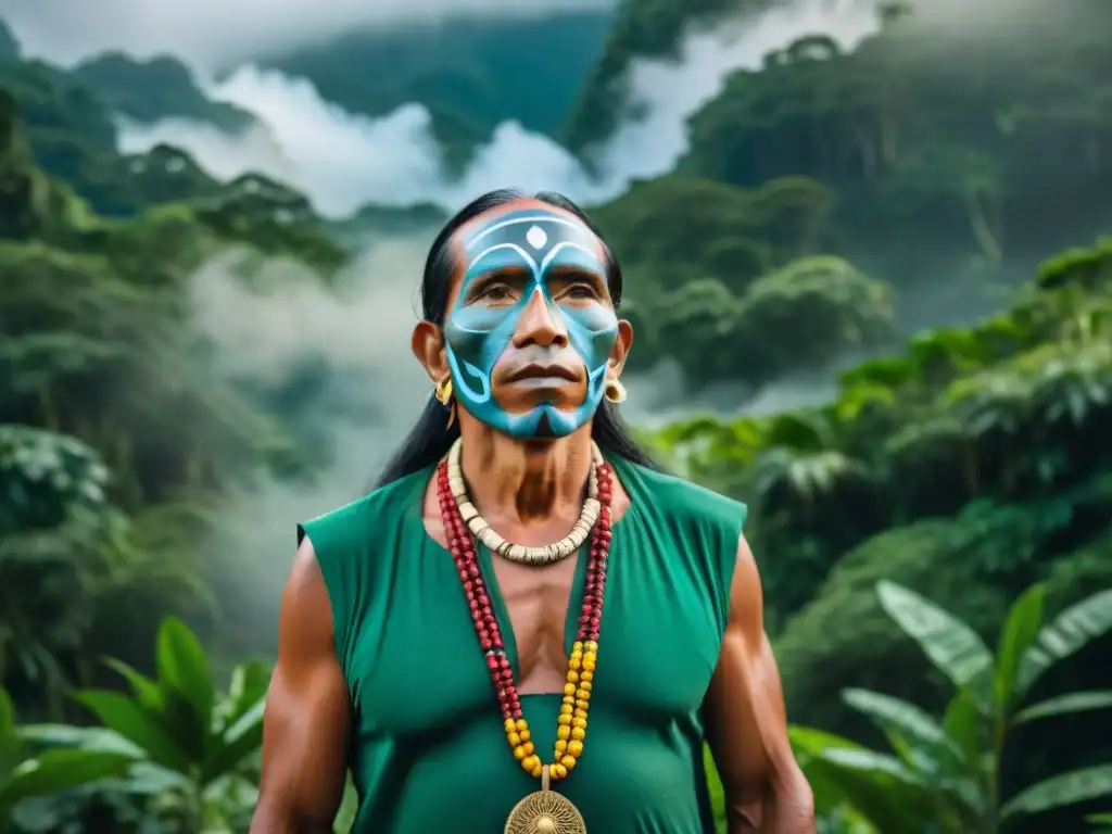 Un sabio líder espiritual indígena en América, rodeado de su comunidad en un ritual sagrado en la exuberante selva amazónica