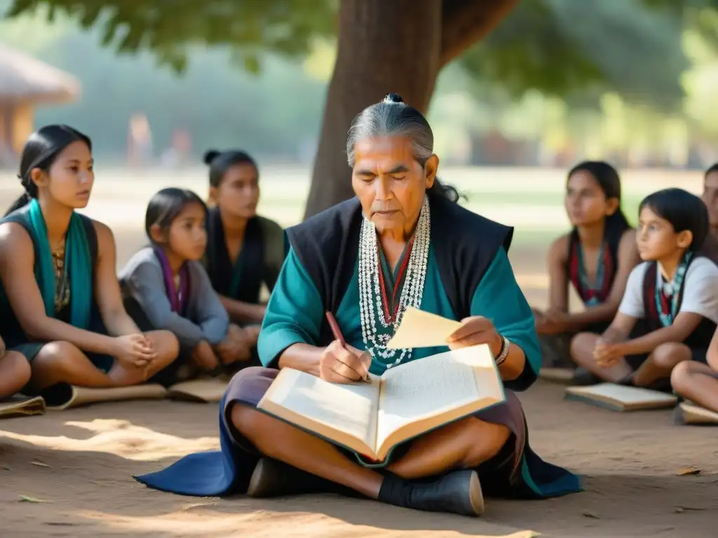 Un sabio maestro enseña lenguas indígenas esencial a estudiantes de todas las edades bajo un árbol frondoso