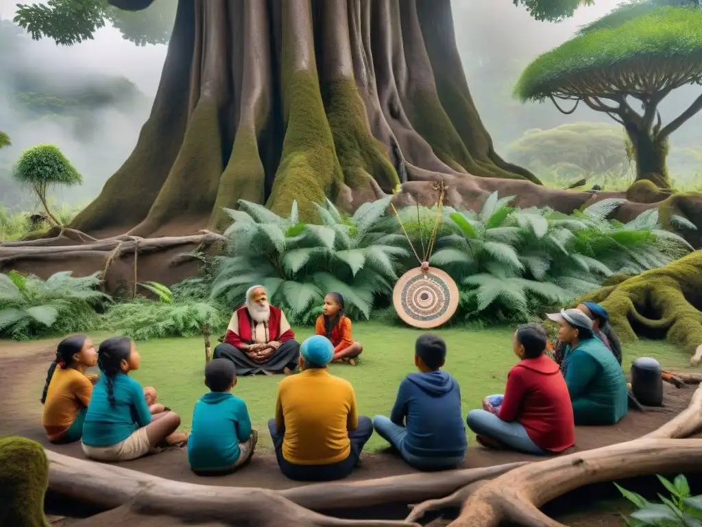 Narración ancestral: sabiduría bajo el árbol Indígena sabio comparte tradición oral con niños bajo árbol centenario en entorno natural