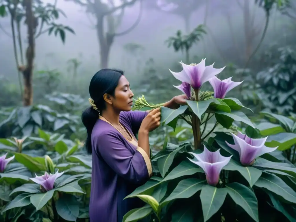 Un sabio sanador indígena cosecha con cuidado plantas de Datura al amanecer en la selva