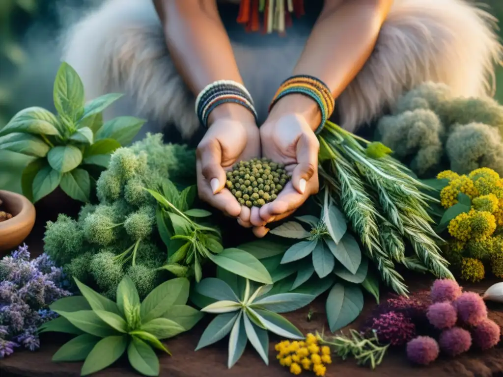 Sabio sanador indígena selecciona hierbas medicinales para rituales curativos