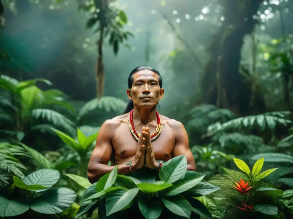 Un sabio sanador indígena rodeado de hierbas medicinales en la selva amazónica