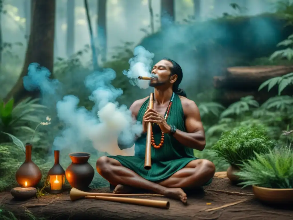 Un sabio sanador indígena, rodeado de hierbas y instrumentos musicales, tocando una flauta en un claro del bosque