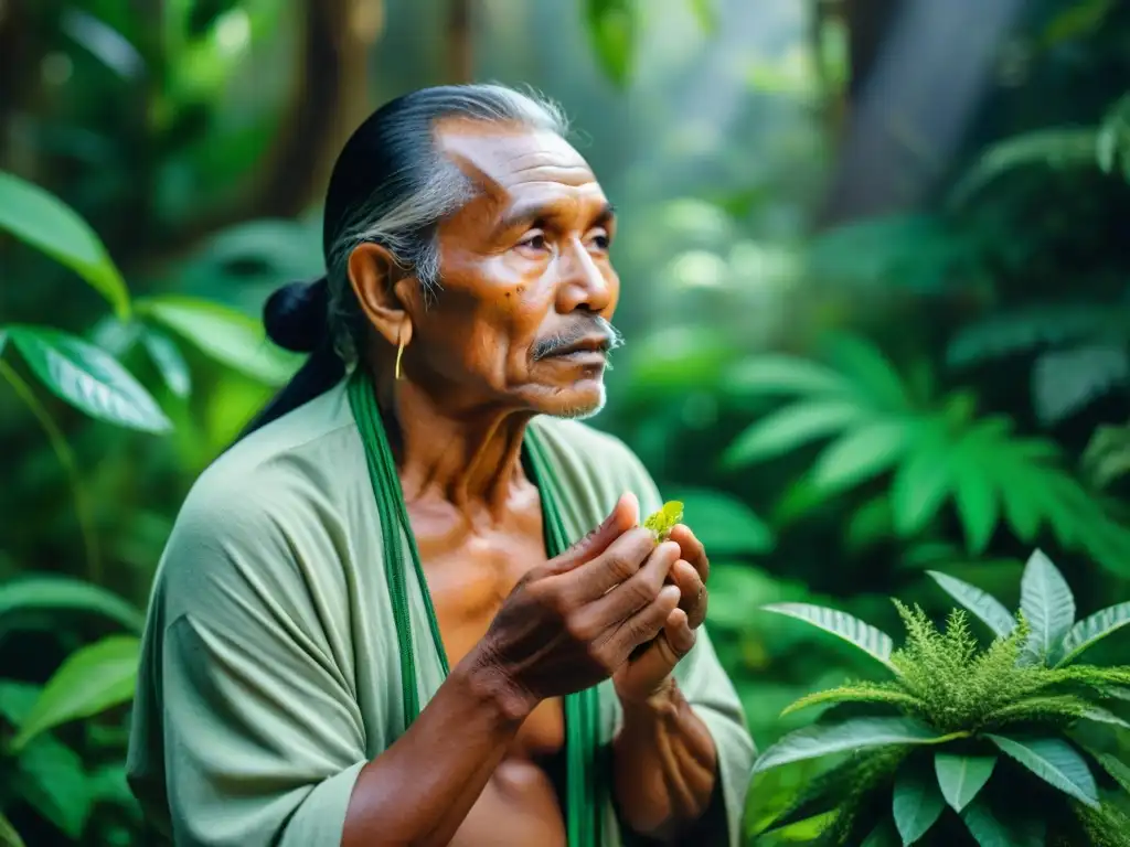 Un sabio sanador indígena en la selva, preparando remedios naturales entre plantas medicinales