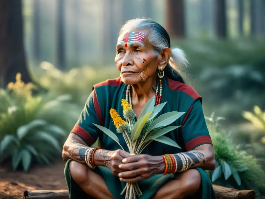 Sabio sanador indígena en la selva con plantas medicinales y sage seco